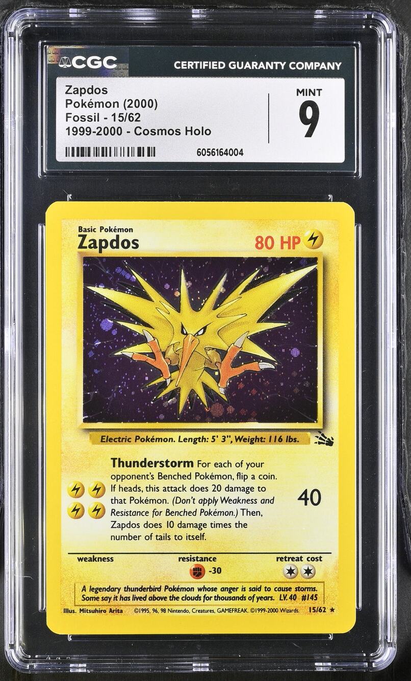 CGC 9 MINT Zapdos 15/62 Pokémon 1999-2000 Fossil Cosmos Holo Foil Rare Card